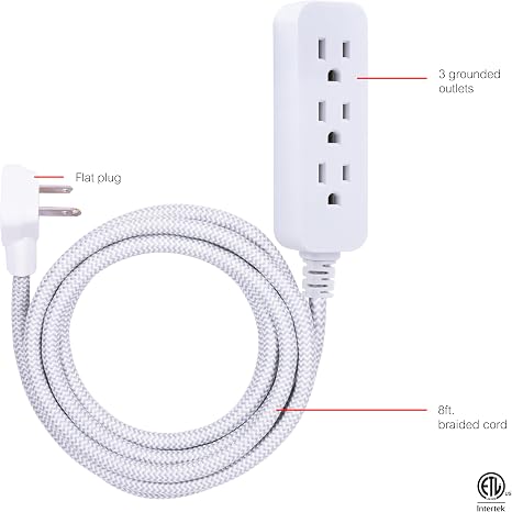 Surge Protector Power Strip 3 Outlets 8FT Braided Extension Cord Flat Plug Black