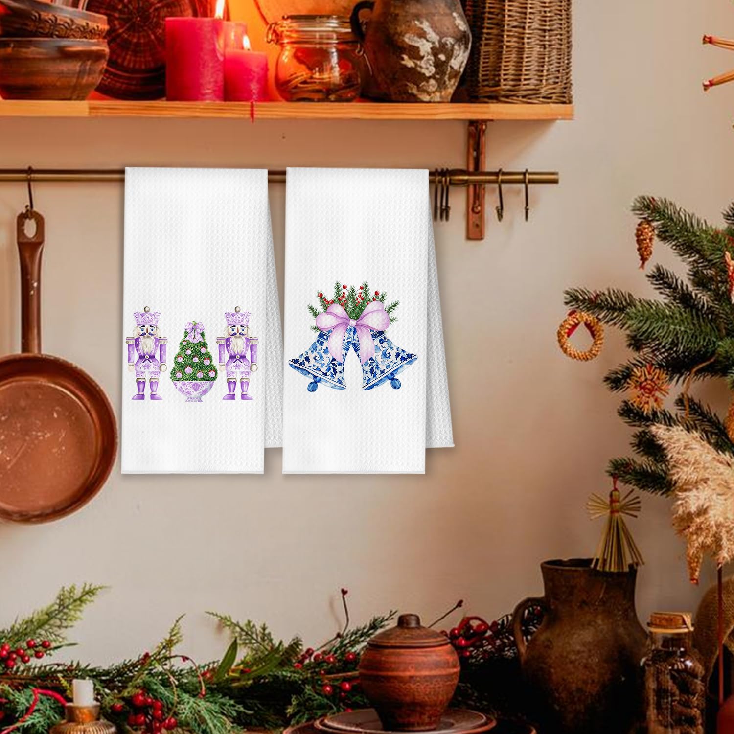 Purple Chinoiserie Christmas Kitchen Towels, Grandmillennial Christmas Dish Tea Towels, Blue White Xmas Tree Wreath Nutcracker Bell Decorative Hand Towels For Bathroom, 16X24 Inch Set Of 4