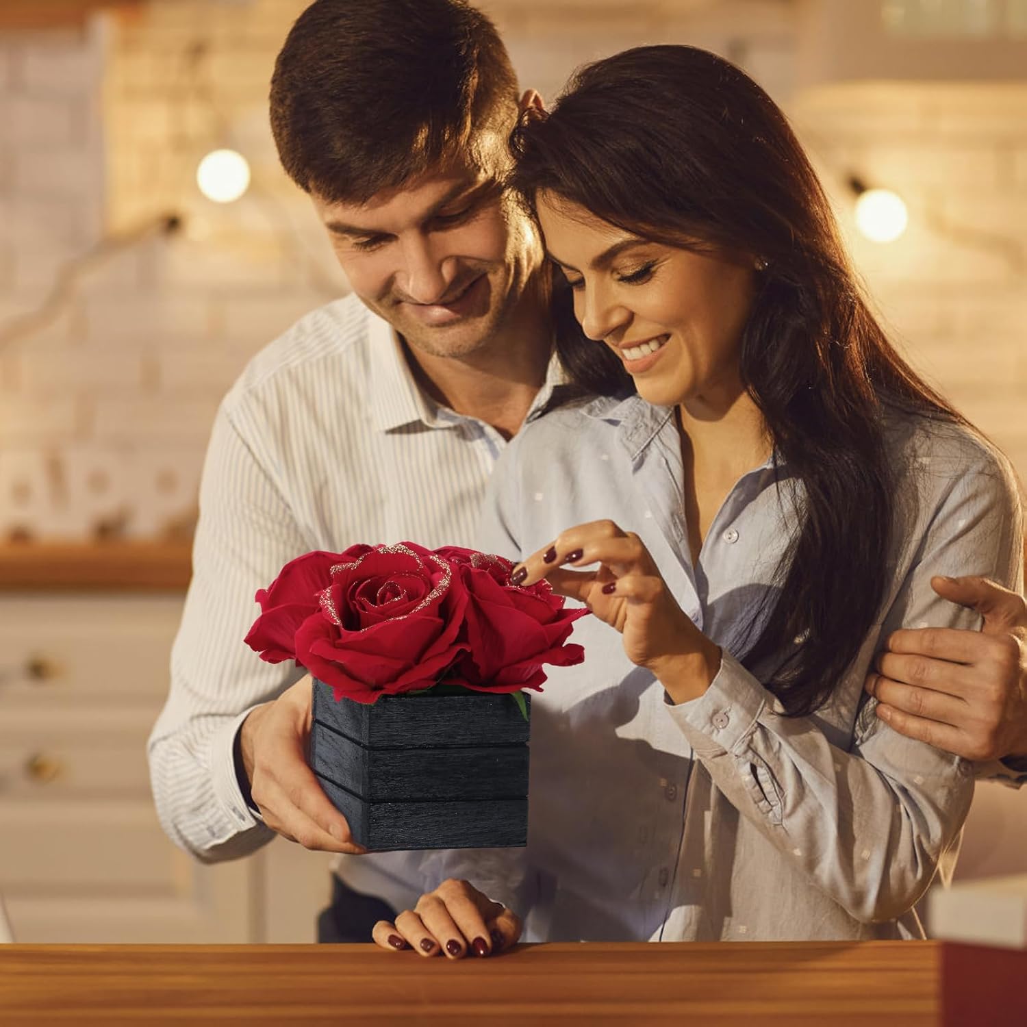 Artificial Red Roses With Wooden Vase Silk Red Glitter Rose In Black Wood Box For Home Decor. Idea For Wife, Him Or Her, Valentines Day Mother'S Day Birthday Love Gifts.