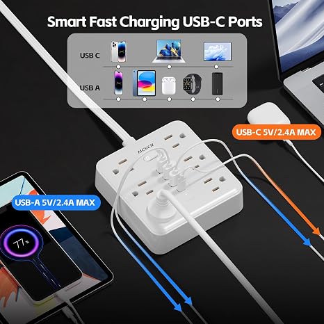 Surge Protector Power Strip 6 Outlets 4 USB Ports 15 Ft Flat Plug White