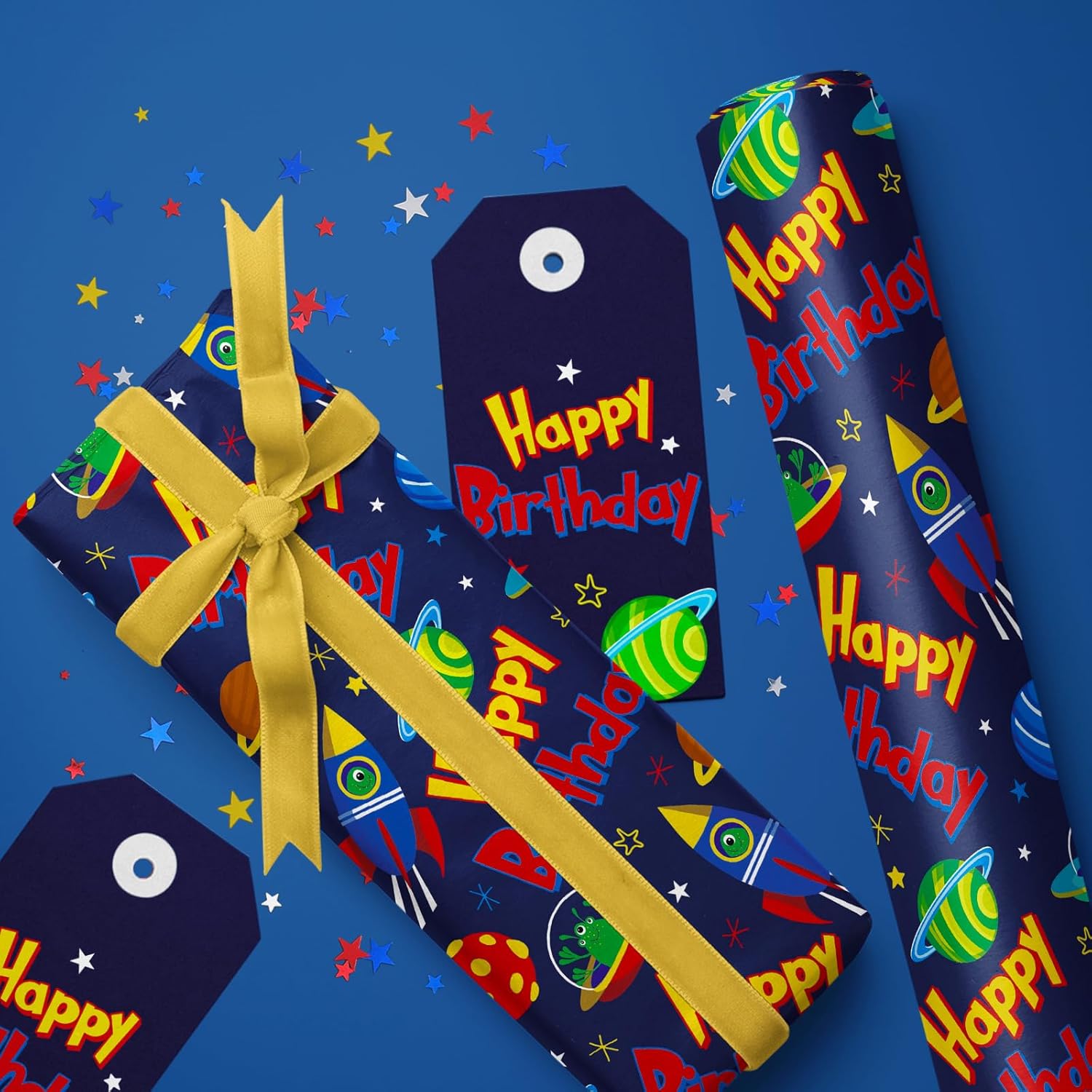 Space Birthday Wrapping Paper Roll - Mini Roll - 17 Inch X 33 Feet - Rocket And Happy Birthday Design, Perfect For Kids Girls Boys Bday, Space Lovers