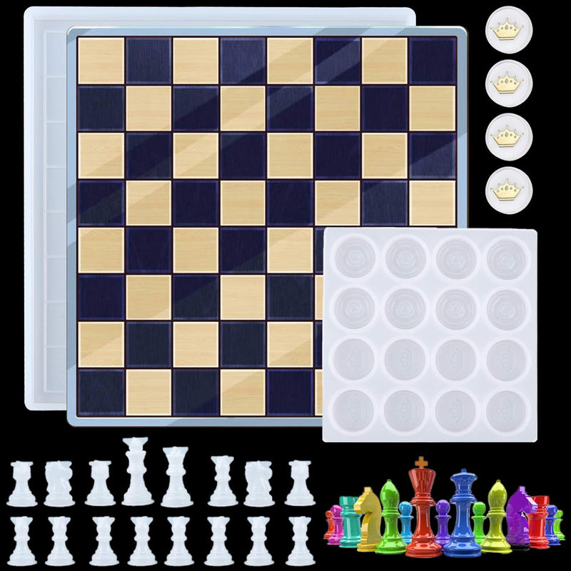 Chess Set With Checkers Board Silicone Resin Mold, 16 Pieces Full Size