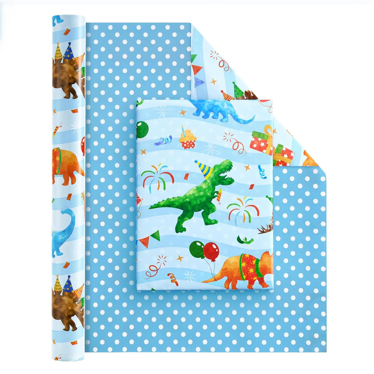 Dinosaur Reversible Wrapping Paper Roll - 1 Roll 17' X 33 Ft Happy Birthday Wrapping Paper Kids Dinosaur Gift Wrap Roll Boys Party Favor Polka Dot Design