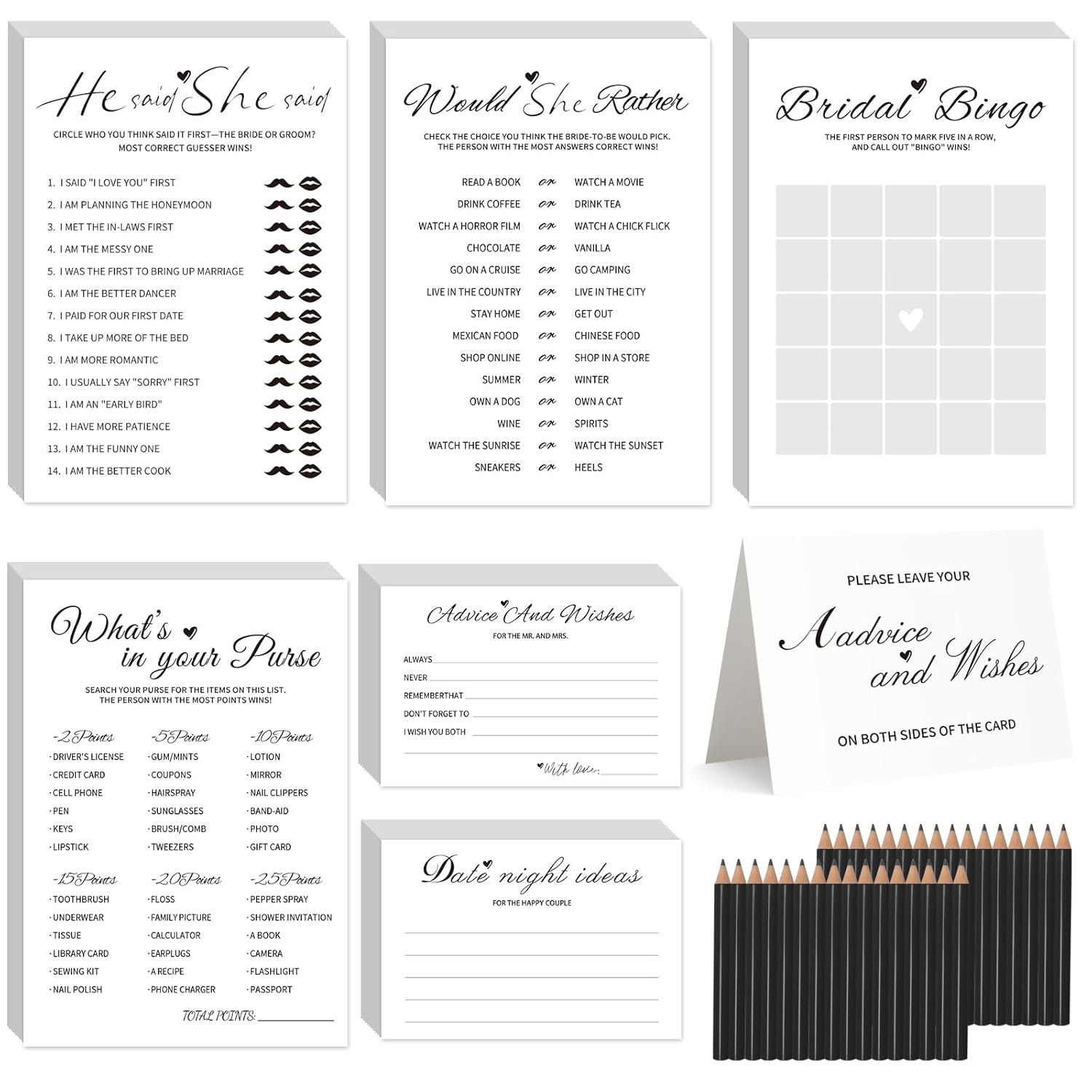 Bridal Shower Games-Heavy Cardstock,5 Fun Activities For 32 Guests, Includes Bingo,He Said She Said, Would She Rather,Whats In Your Purse,Advice And Wishes For The Mr And Mrs(Minimalist)