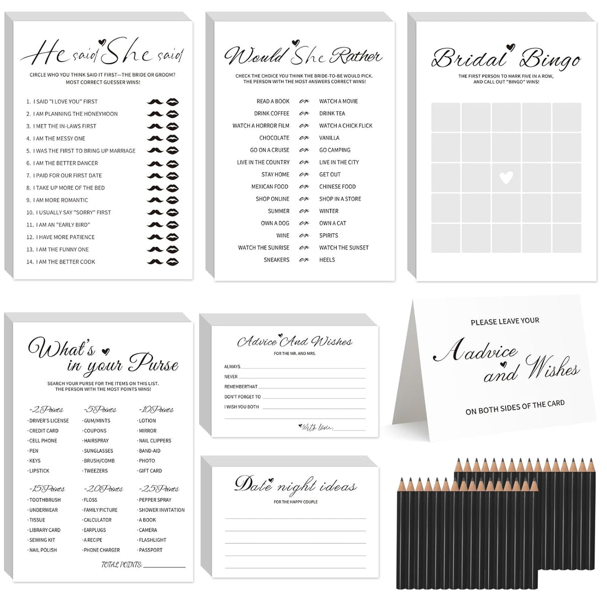 Bridal Shower Games-Heavy Cardstock,5 Fun Activities For 32 Guests, Includes Bingo,He Said She Said, Would She Rather,Whats In Your Purse,Advice And Wishes For The Mr And Mrs(Minimalist)
