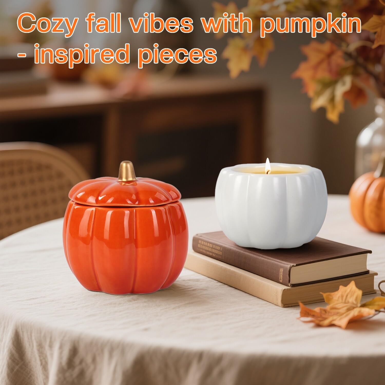 Fall Candles With Ceramic Pumpkin Jar-Pumpkin Spice Candle For Home, Autumn Pumpkin Candle Decor- Halloween Thanksgiving Gift ?White?