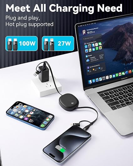 2 Pack 5 in 1 Retractable 100W Multi USB Charging Cable 3.86FT Fast Charge