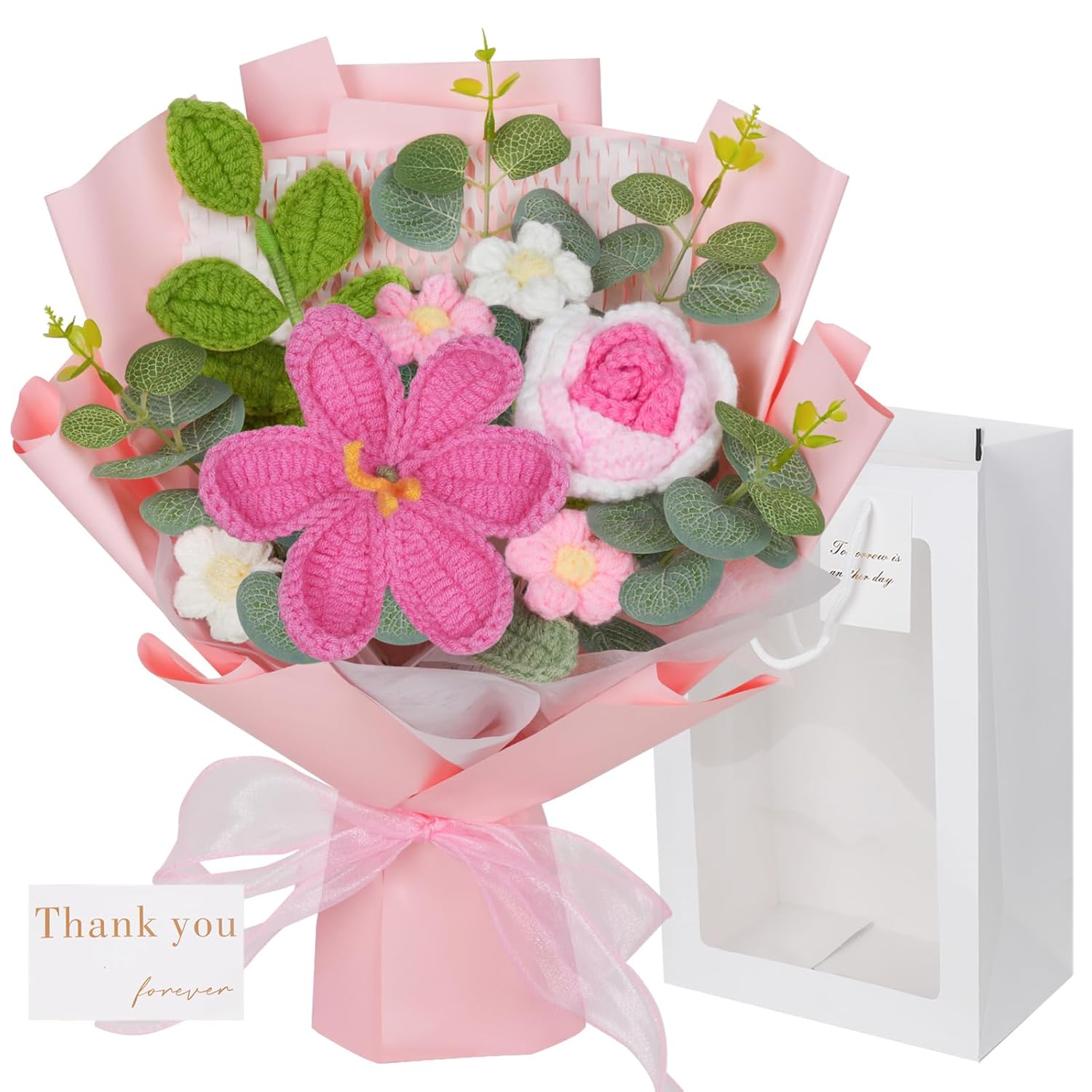 Crochet Flower Bouquet, Valentines Day Gifts For Her Mom 8.6In Pink Crochet Bouquet Knitted Flowers Roses Tulip Flower For Lover Anniversary Birthday Party Mother'S Day Graduation