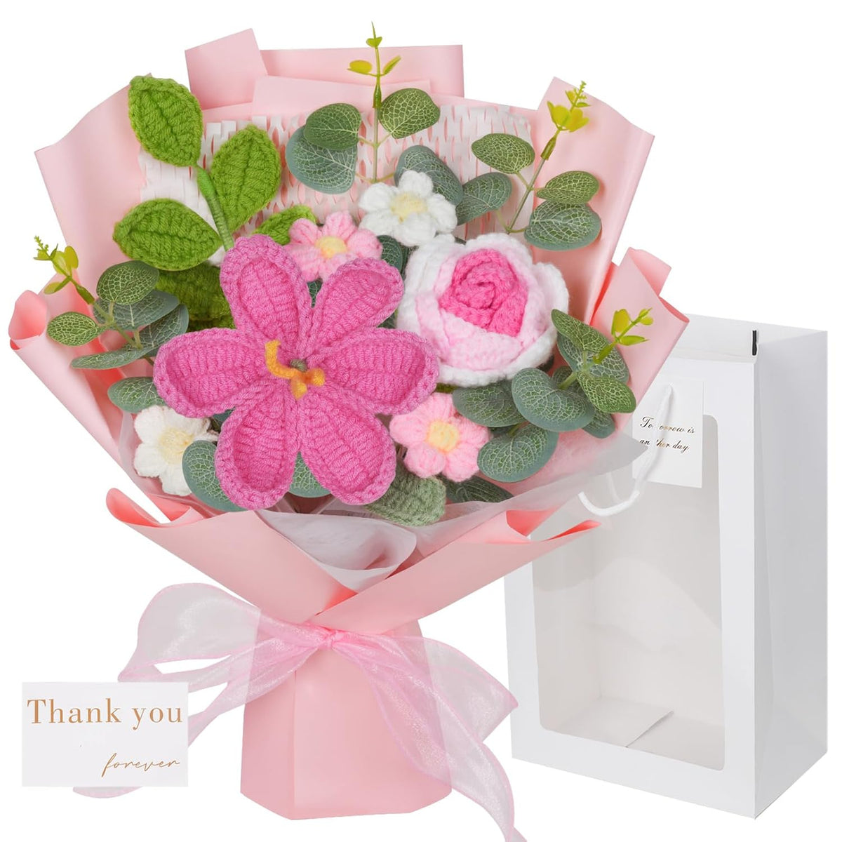 Crochet Flower Bouquet, Valentines Day Gifts For Her Mom 8.6In Pink Crochet Bouquet Knitted Flowers Roses Tulip Flower For Lover Anniversary Birthday Party Mother'S Day Graduation