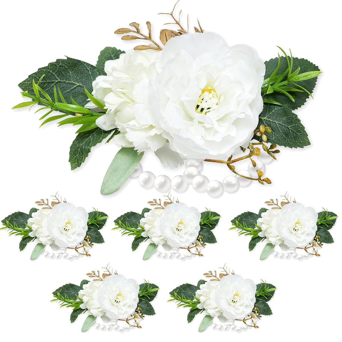 Corsage Wristlet Band Artificial Rose Flowers - Wedding Bridal Flower Corsage Hand Decor (Stretch, 6, Count)