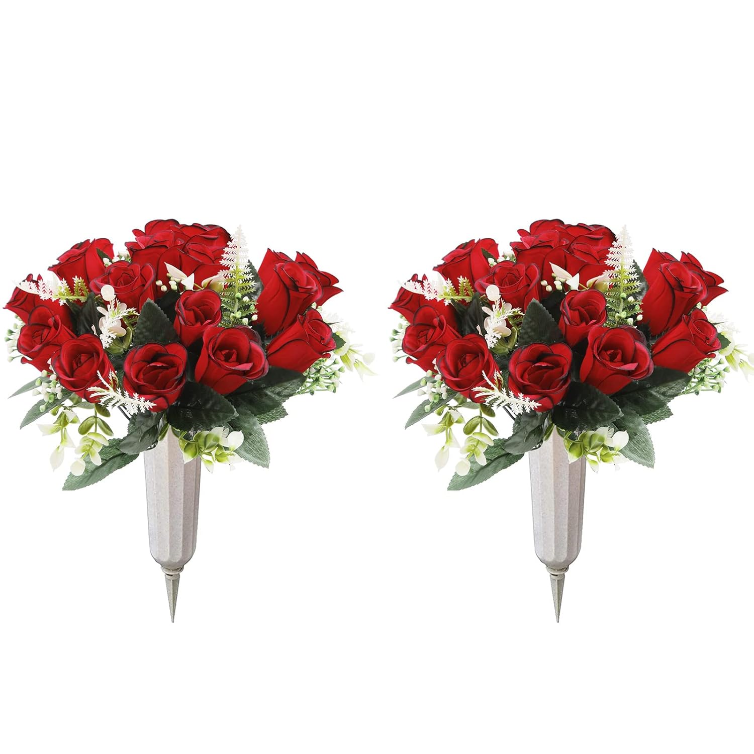 2Pcs Artificial Cemetery Flowers For Grave Silk Memorial Red Rose Flowers Outdoor Grave Flowers For Grave Vase Cemetery Flower Arrangements (Not Included Vase)