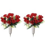 2Pcs Artificial Cemetery Flowers For Grave Silk Memorial Red Rose Flowers Outdoor Grave Flowers For Grave Vase Cemetery Flower Arrangements (Not Included Vase)