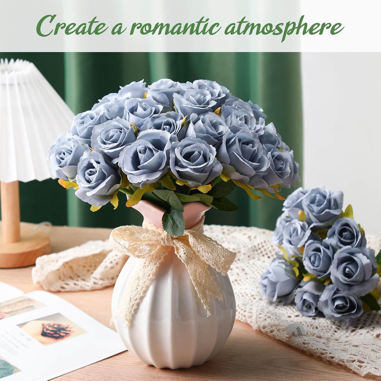 72 Heads Dusty Blue Artificial Rose Flowers 6 Bouquet Wedding Decoration Faux Flower Arrangement Bouquet With Stem Bridal Shower Gift Floral Centerpiece For Tables