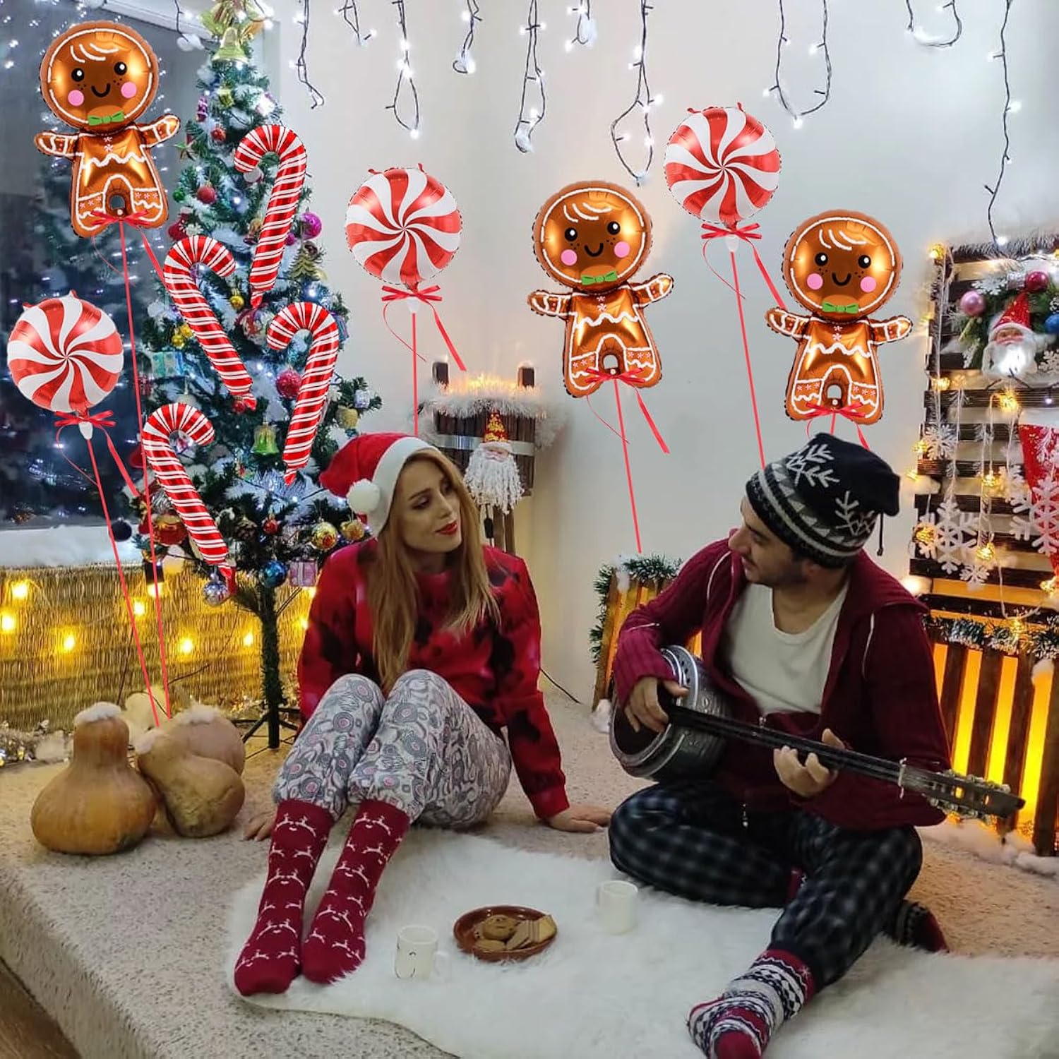 11Pcs Gingerbread Balloons Christmas Decorations - 32 Inch Gingerbread Foil Balloons - Red Candy Cane Balloon For Christmas Party Decorations - New Year Birthday Party Decor