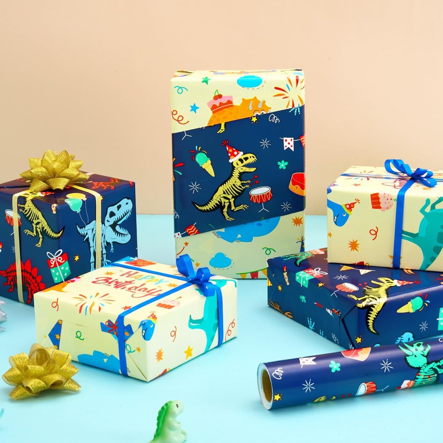 Dinosaur Reversible Wrapping Paper Roll - 1 Roll 17”X 9.84 Ft Happy Birthday Dinosaur Wrapping Paper For Boys Birthday Gift Packing Supply Baby Dino Decor Favor