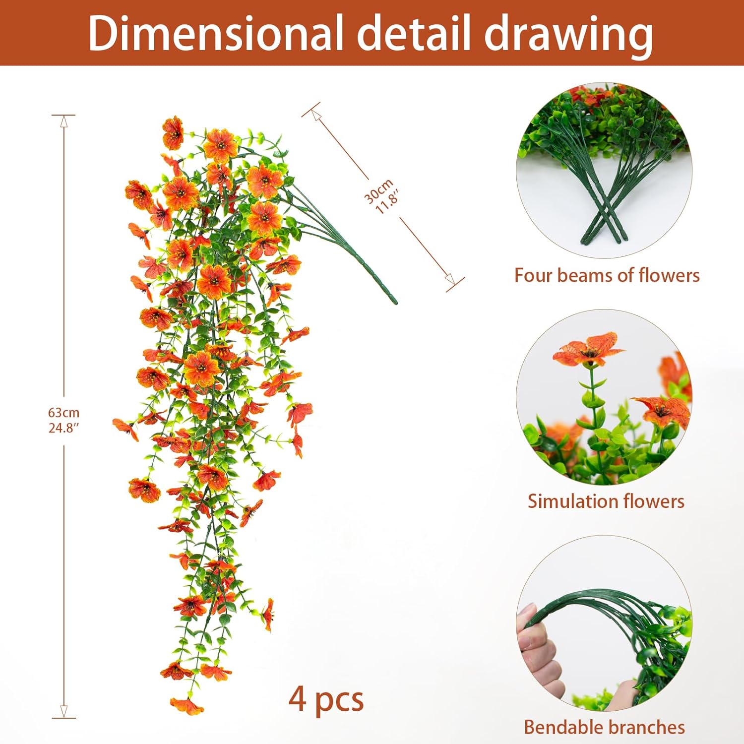 4 Pcs Artificial Outdoor Hanging Plants Fall Decoration Uv Resistant Faux Silk Flowers For Outside, Garden, Porch, Window, Home Decor(Orange)