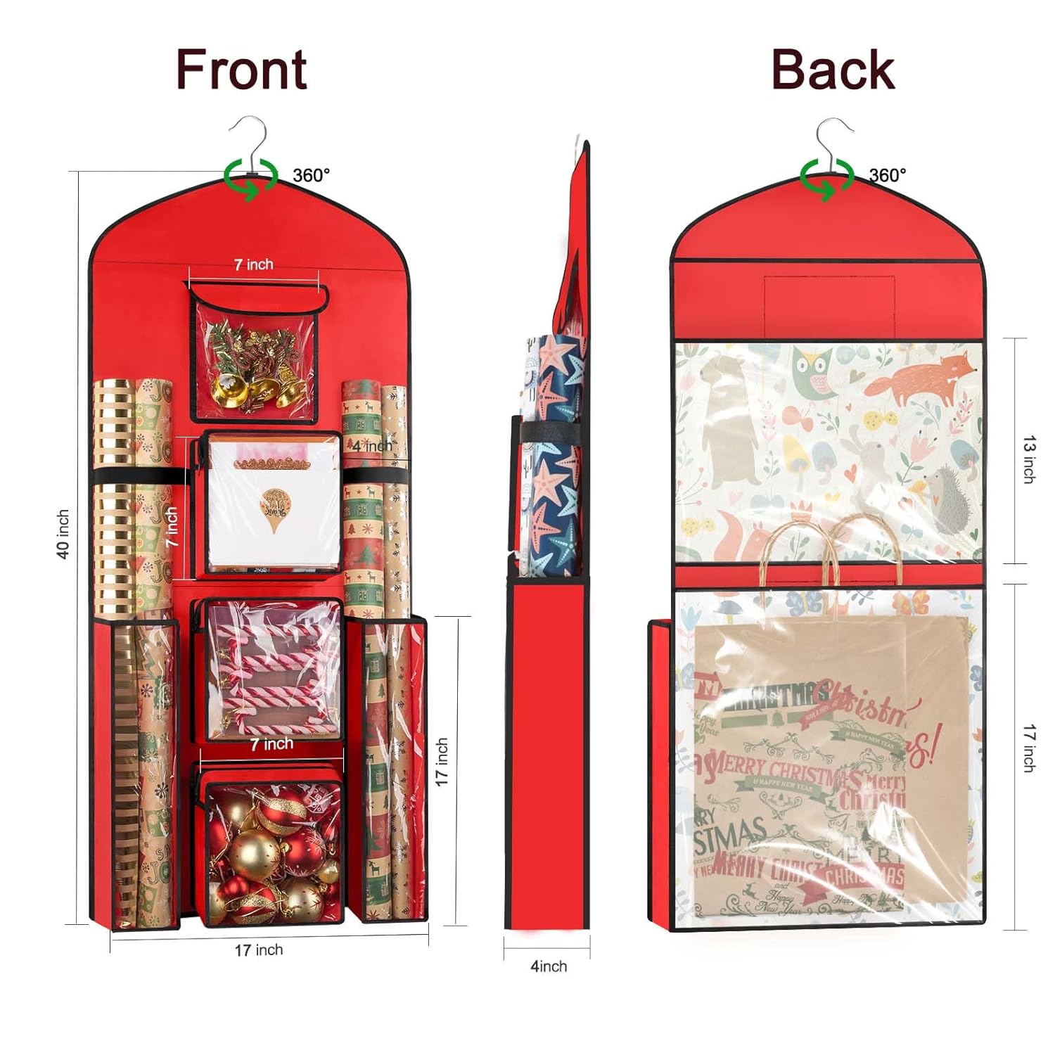 Hanging Gift Wrapping Paper Storage, 40"X17" Red Double-Sided Christmas Wrapper Bag Container, Oxford Craft Roll Organizer, Present Wrap Holder For Bedroom Closet, Door, Cabinet