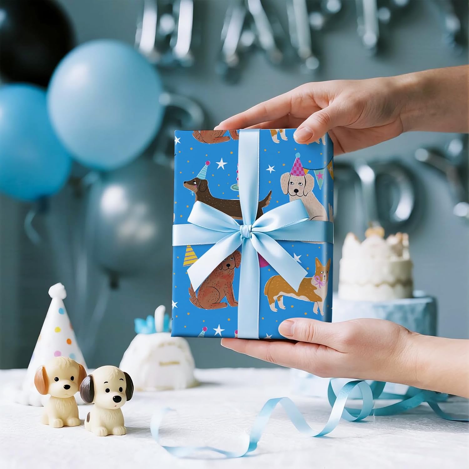 Dog Birthday Wrapping Paper Roll For Boys, Mini Roll, Cute Cartoon Dog With Party Hats, Cakes And Balloons Design, Blue Gift Wrap For Kids, Pet Lovers, Pet Birthday, 17 Inches X 16.4 Feet