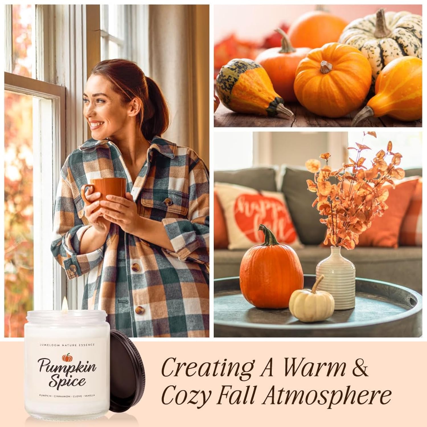 Pumpkin Candle, Hello Fall Gifts- 9Oz Aromatherapy Cinnamon Pumpkin Spice Soy Wax Candle For Home Scented- Autumn Gifts For Women, Men, Fall Decorations For Home
