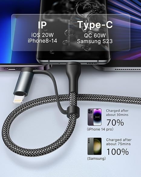 4 in 1 60W USB C Multi Charging Cable Fast Charging Data Sync iPhone Samsung