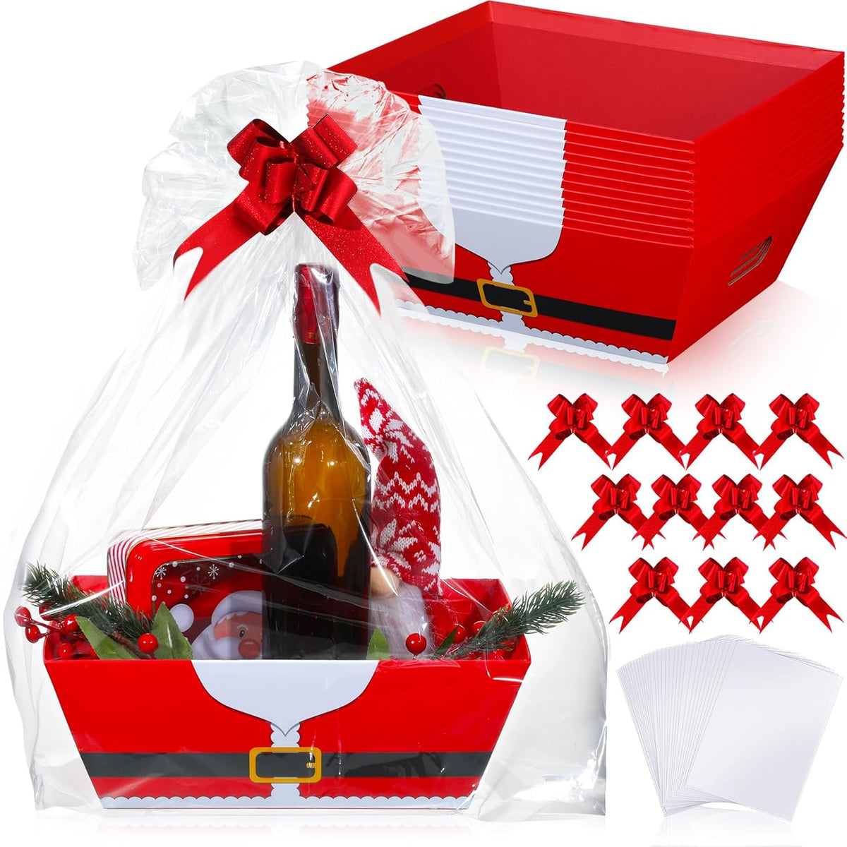 12 Pack 12X10X4 Christmas Gift Baskets Empty Bulk, Includes 12 Santa Cardboard Baskets With Handles, 12 Plastic Bags And 12 Bows, Cardboard Tray Large Gift Baskets Kit For Holiday