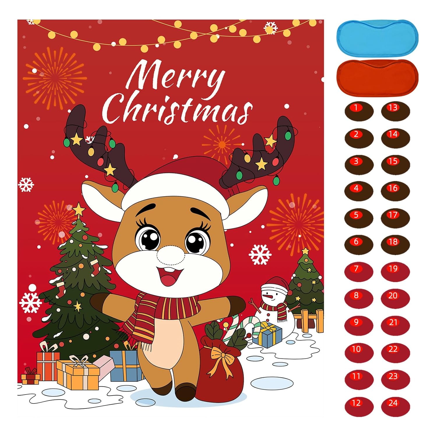 Christmas Games - Pin The Nose On The Reindeer Games For Families Party, Cute Indoor Christmas Home Decor Party Decorations, Xmas Activities Presents Holiday Decor, Red