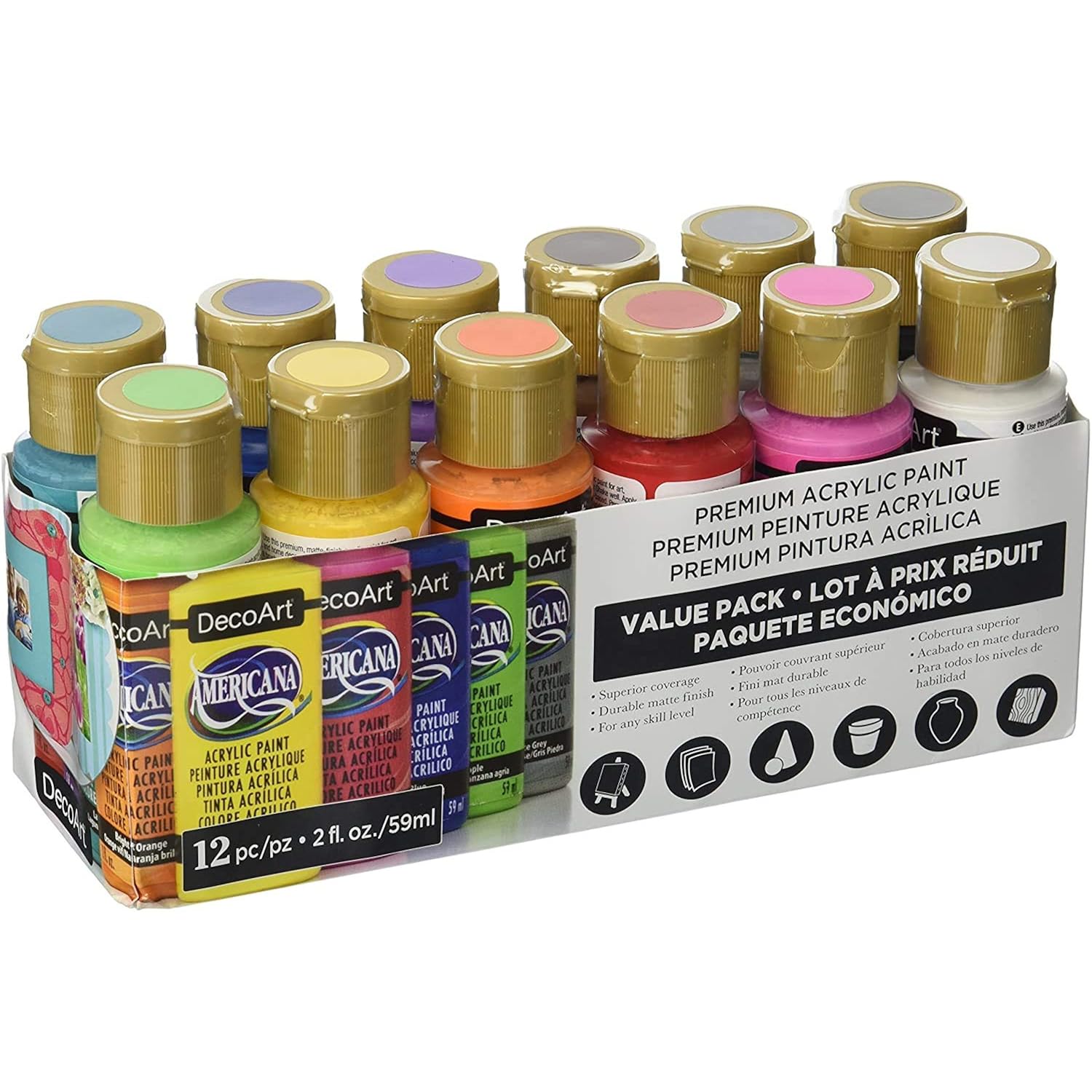 DecoArt Americana Acrylic Paint - 12 Ct Basic Assorted Acrylic Paints Value Pack - Medium Viscosity Water Based Multi Surface Paint Set for Arts and Crafts, Wall Art, Model Kit Paint + E-book