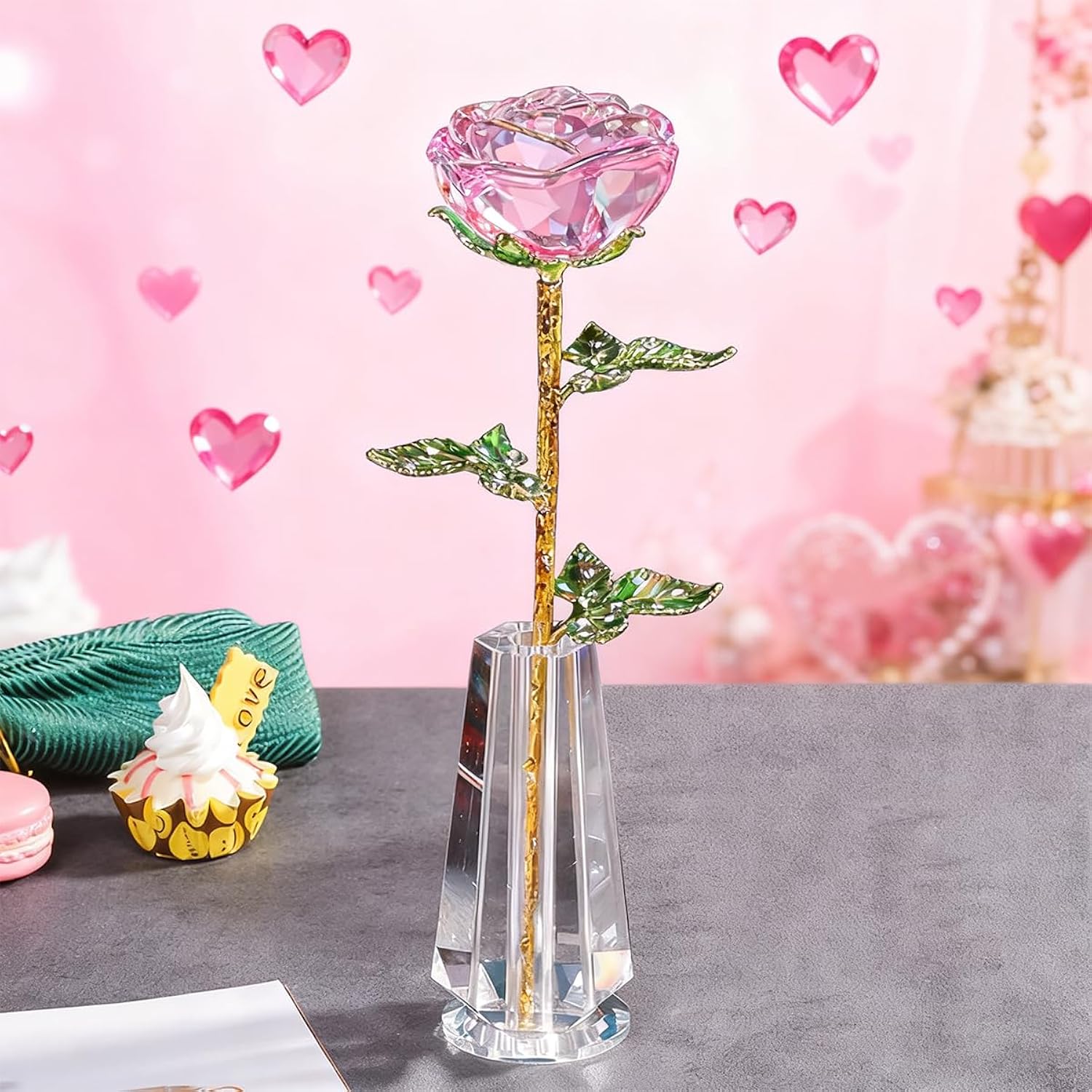 Valentine'S Day Gifts, Pink Rose Gift For Her, ?K9 Crystal Rose In Vase Sculpture, 3D Crystal Glass Eternal Flower, For Women On Birthday, Wedding, Anniversary, Valentine'S Day, Got Engaged