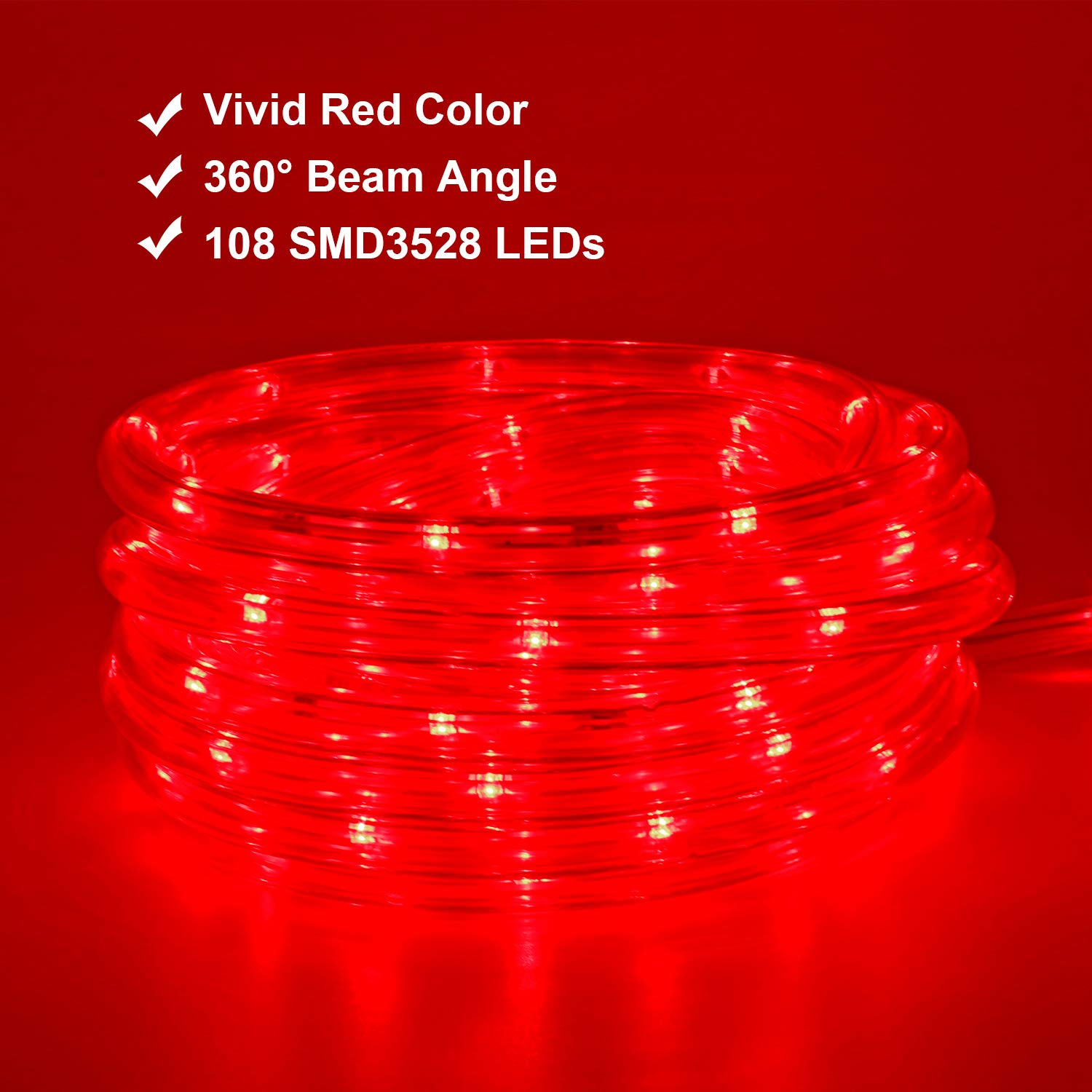 Red Led Lights, 16Ft Rope Lights, Flexible And Connectable Strip Lighting, Waterproof For Indoor Outdoor Use, 360 Beam Angle, High Brightness For Home Christmas Thanksgiving Halloween