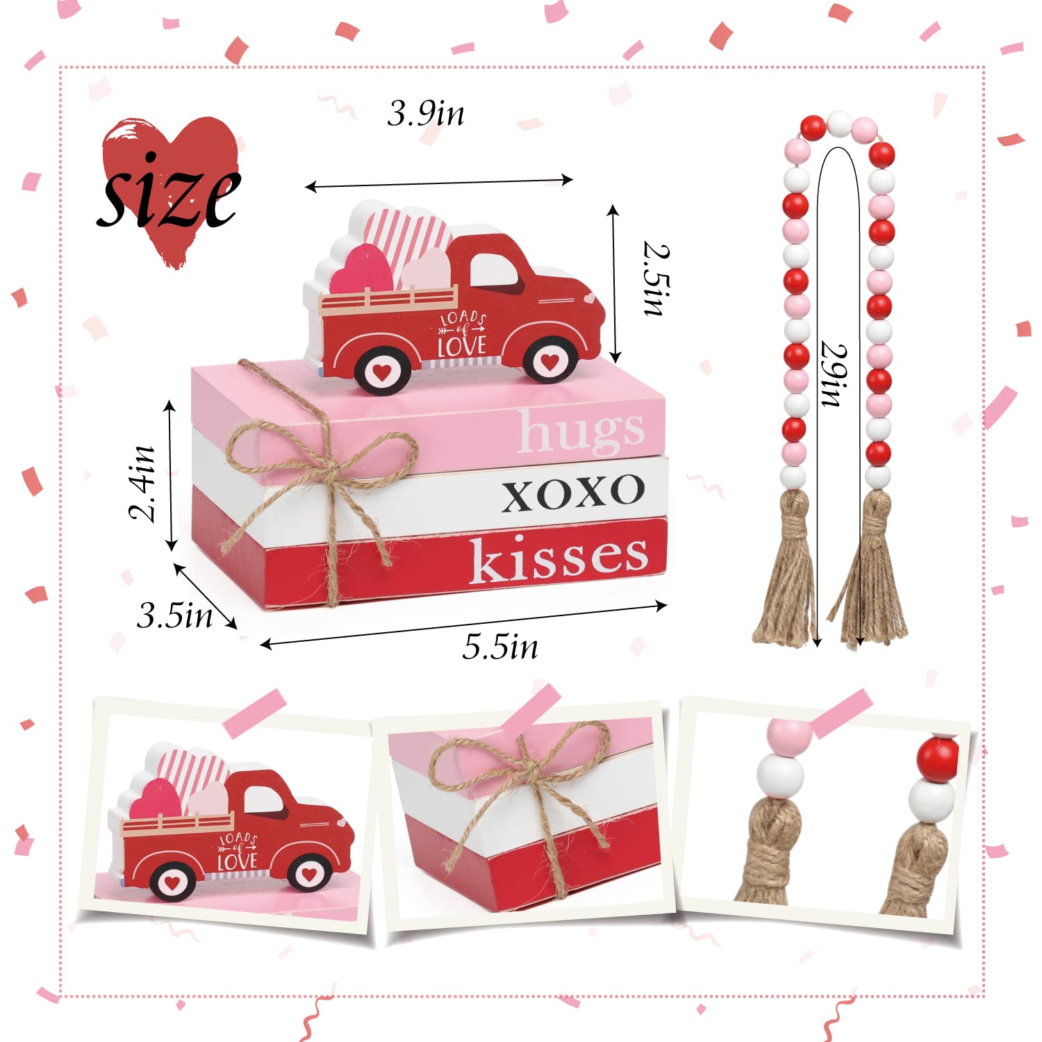 Valentines Tiered Tray Decor, Mini Wood Book Stack With Bead Garland For Valentine Decor, Hug Xoxo Kiss Mini Faux Decorative Books Bundle, Farmhouse Decor For Table Mantle Shelves