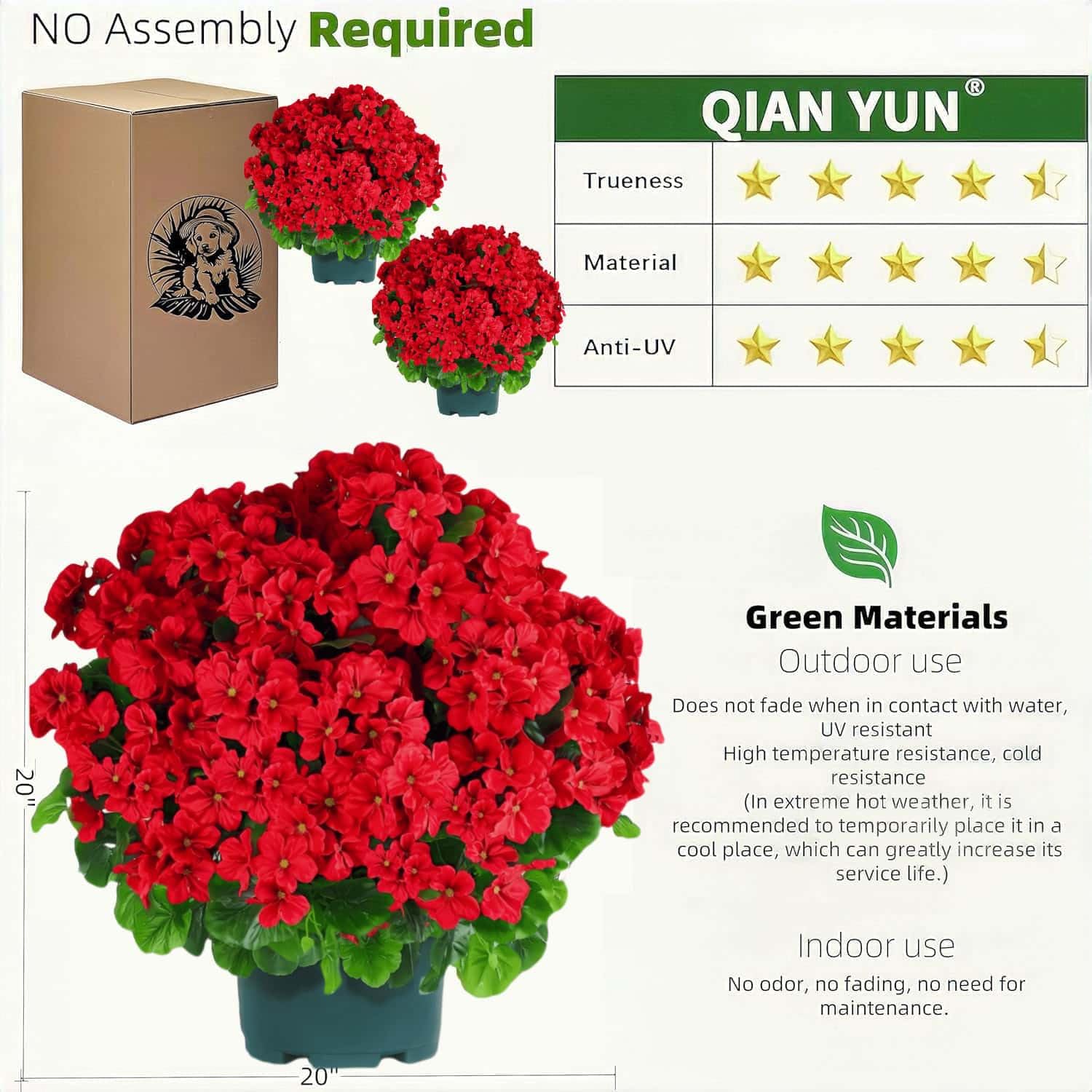 Artificial Topiary For Outdoors- 20” Potted Plant Fake Geraniums Bush-Uv Resistant Artificial Outdoor Plant For Front Porch, Garden, Yard, Patio Decor (Red)