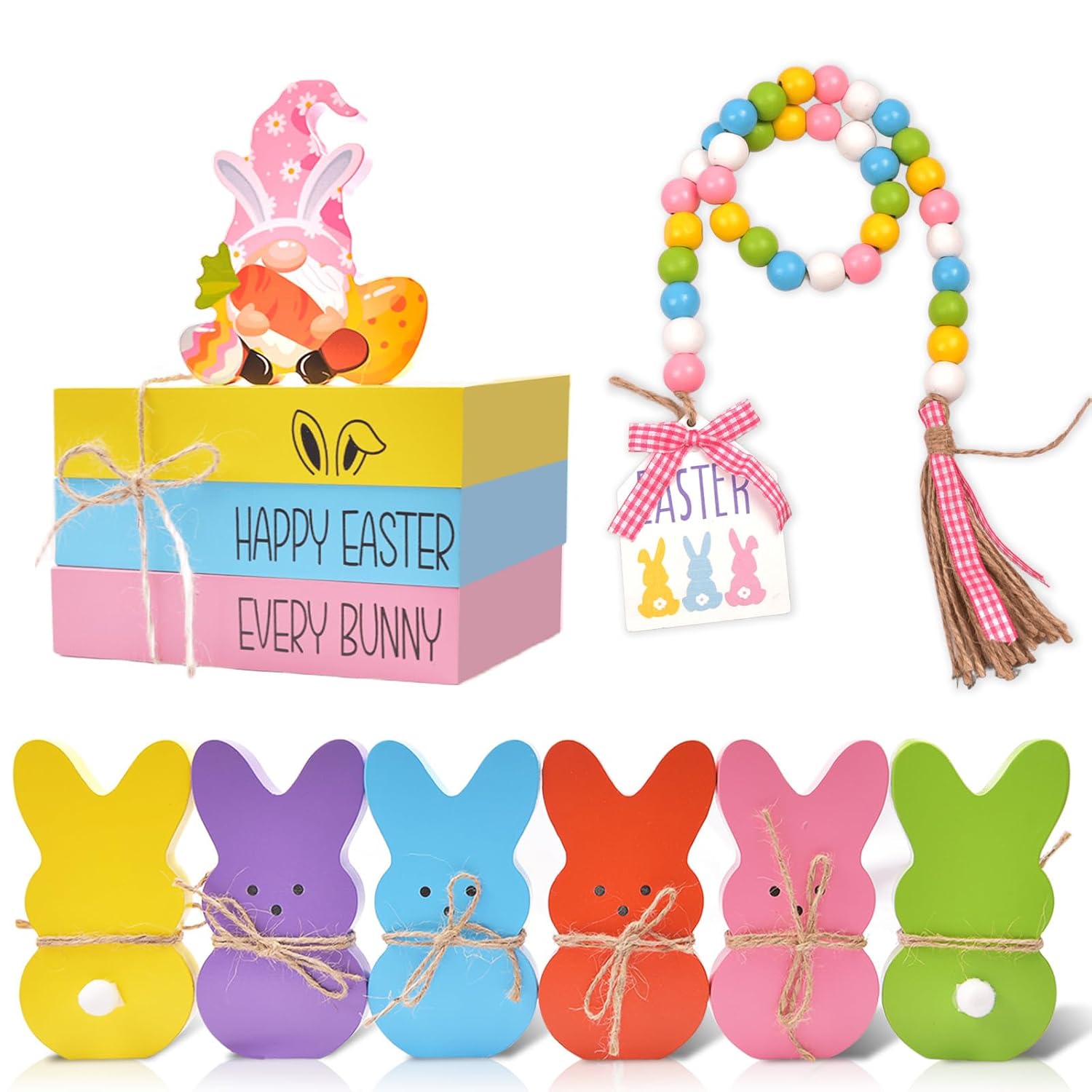 11Pcs Easter Tiered Tray Decorations,Spring Easter Bunny Gnome Decor With 3 Faux Book Stacks Bundle,Bead Garland Tiered Tray Decor Farmhouse Signs Table Decor Home Kitchen Decoration