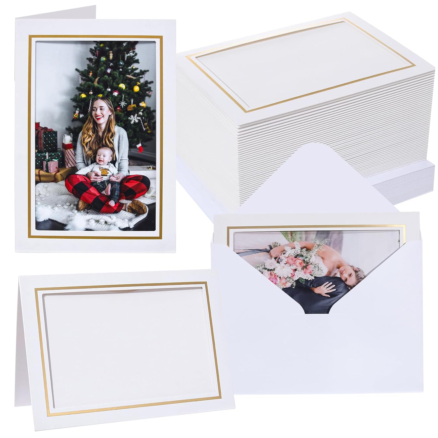 100 Count Photo Frame Cards With Envelopes 4X6 Paper Picture Frame Notecards Photo Card Holder For Christmas Decoration New Year Greeting Birthday Classroom Diy Craft - White With Gold Lining