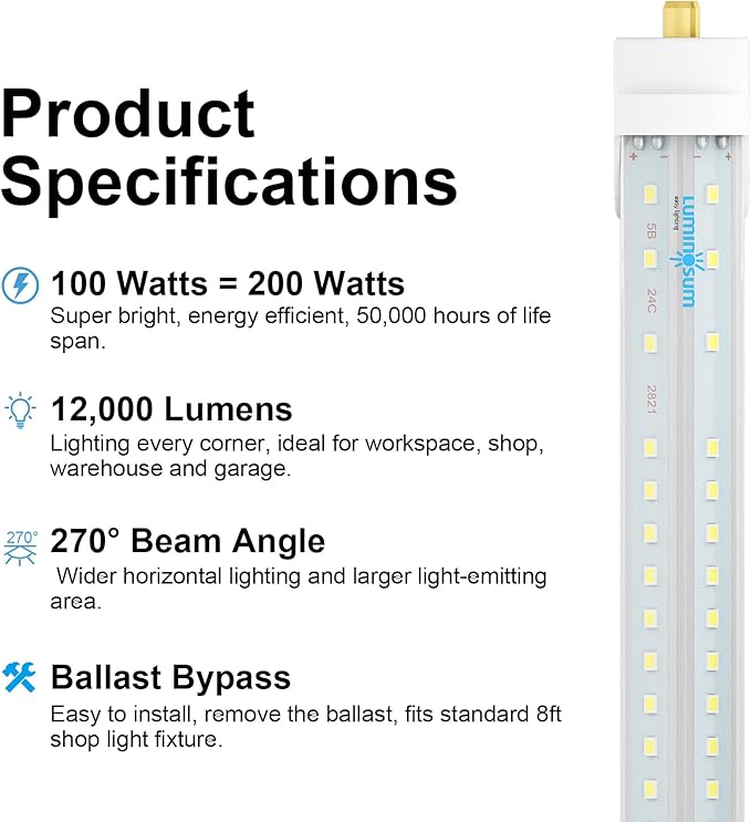 20 Pack 8FT T8 LED Bulbs 100W 12000LM 6000K V Shaped Dual End Ballast Bypass Tube Lights