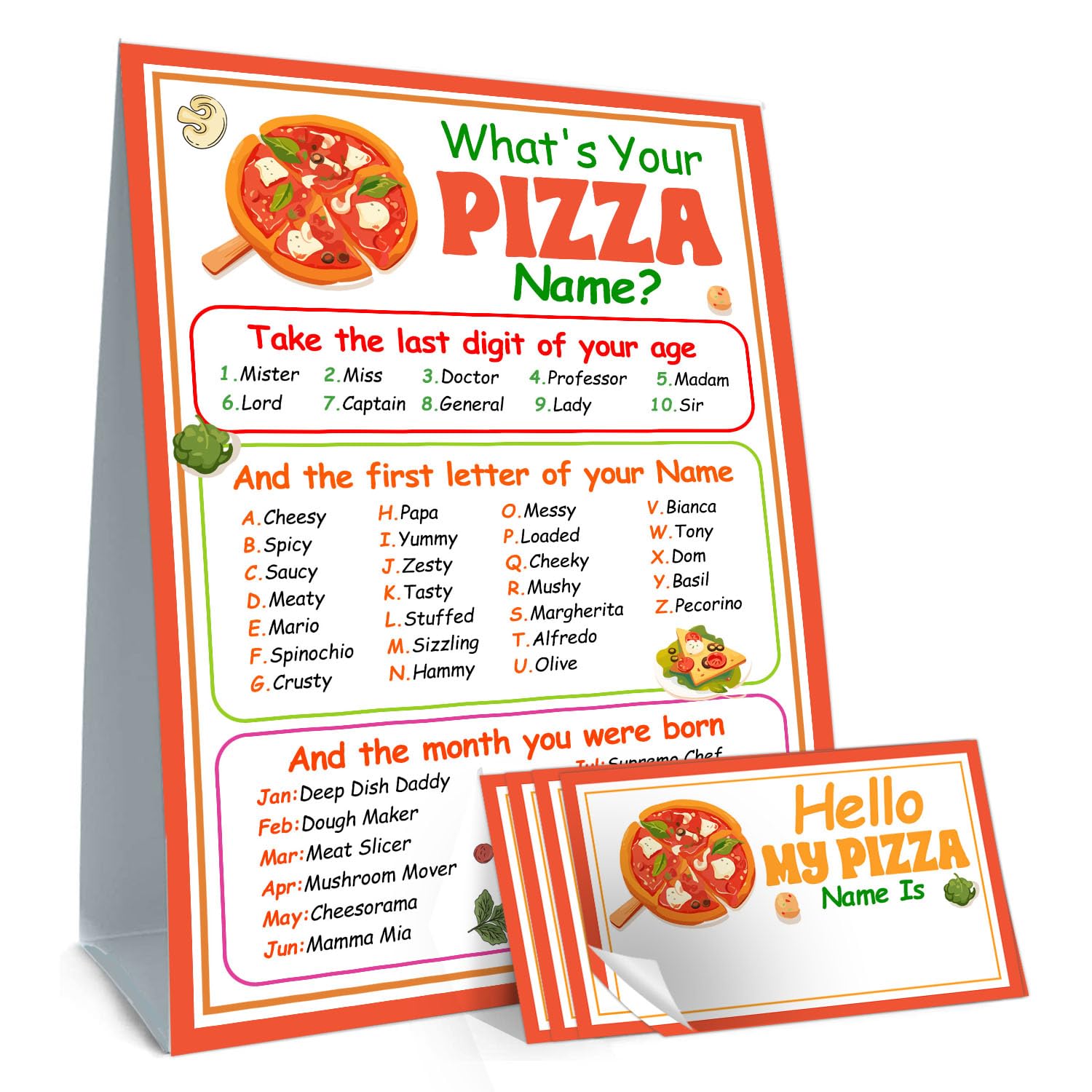 Funny Pizza Theme Game Cards Set, What'S Your Pizza Name Game, Including 1 Sign And 30 Stickers, Perfect For Birthday Party Activities
