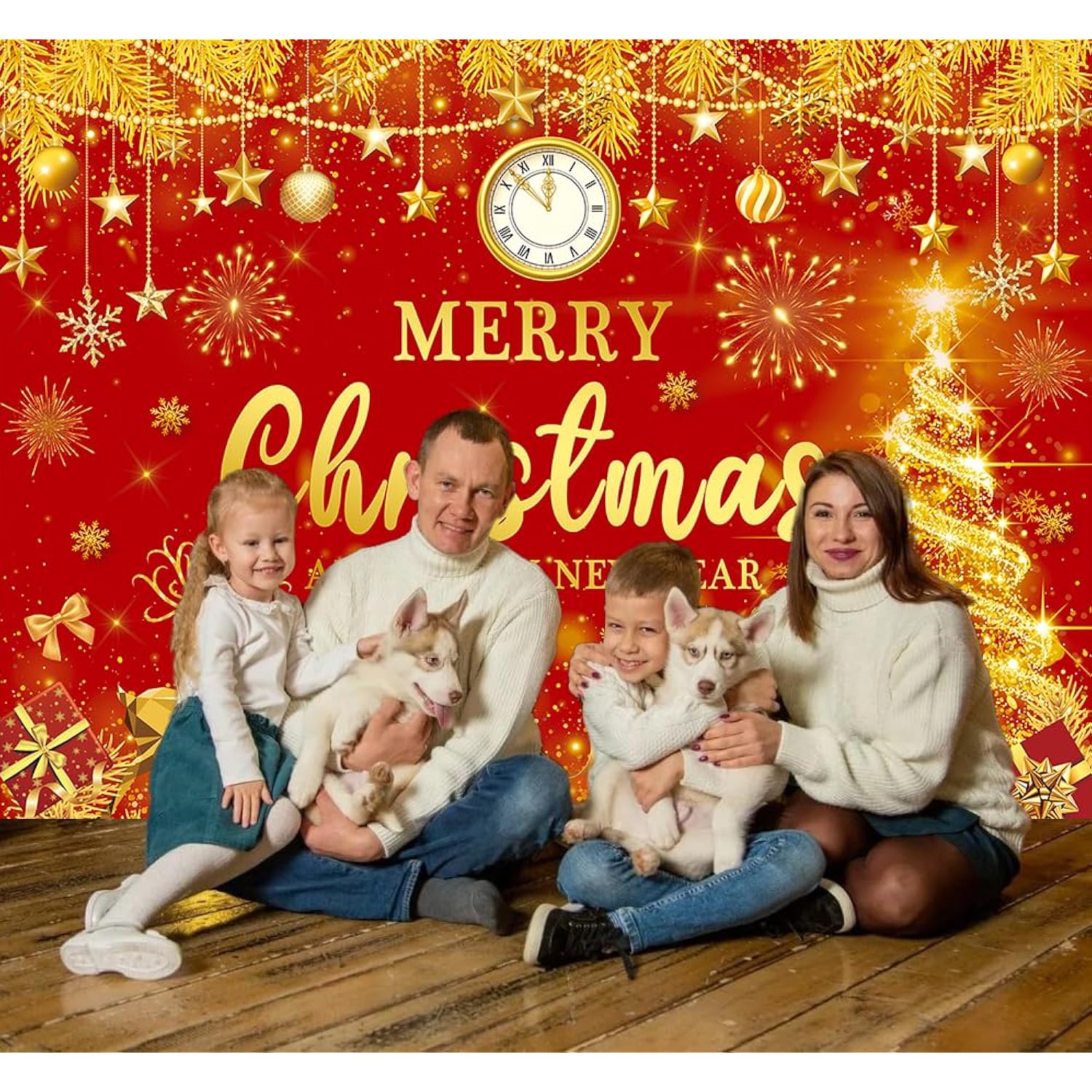 Merry Christmas Happy New Year Backdrop 8x6ft Red & Gold Party Banner