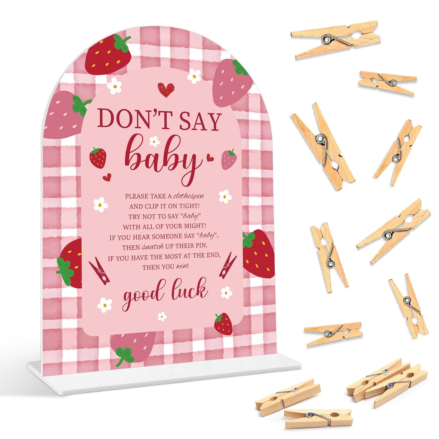 Baby Shower Games - Strawberry Don'T Say Baby Clothespin Game, 1 Arch Acrylic Sign And 50 Mini Clothespins, Gender Reveal Game, Berry Baby Shower Decoration Supplies (Gxb04)