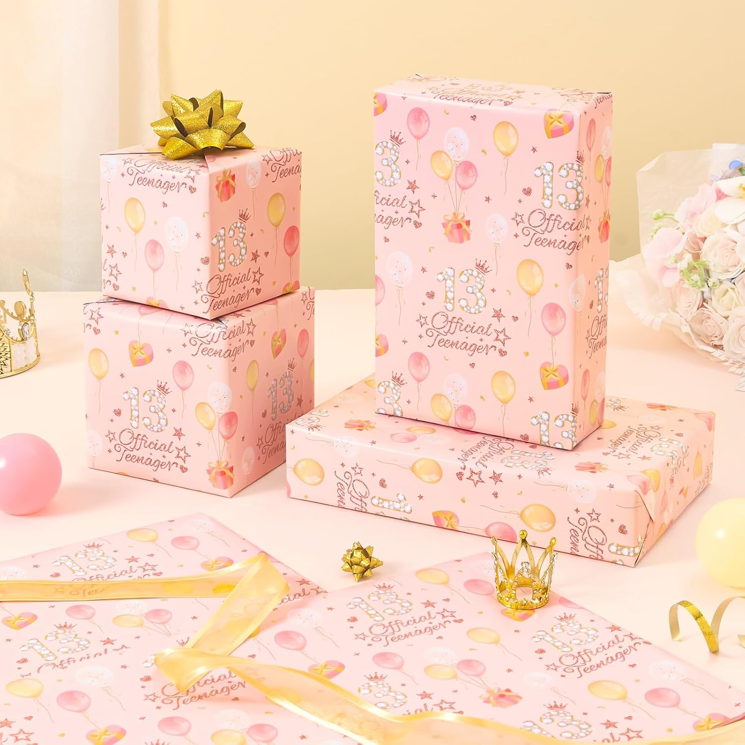 13Th Birthday Wrapping Paper Girls- 6 Sheets 27.5”X 19.7”Happy Birthday Gift Wrap Papers Sparkling Number 13 And Balloons Design Gift Packing For Girls Party Gifts Decoration