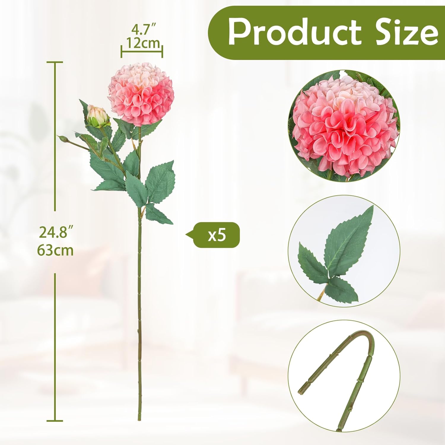 5Pcs Dahlia Artificial Flowers 24.8" Pink Fake Ball Dahlias Silk Flowers Faux Roses Flower With Long Stems For Diy Wedding Bouquets Table Centerpieces Arrangements Bridal Party Home Decor