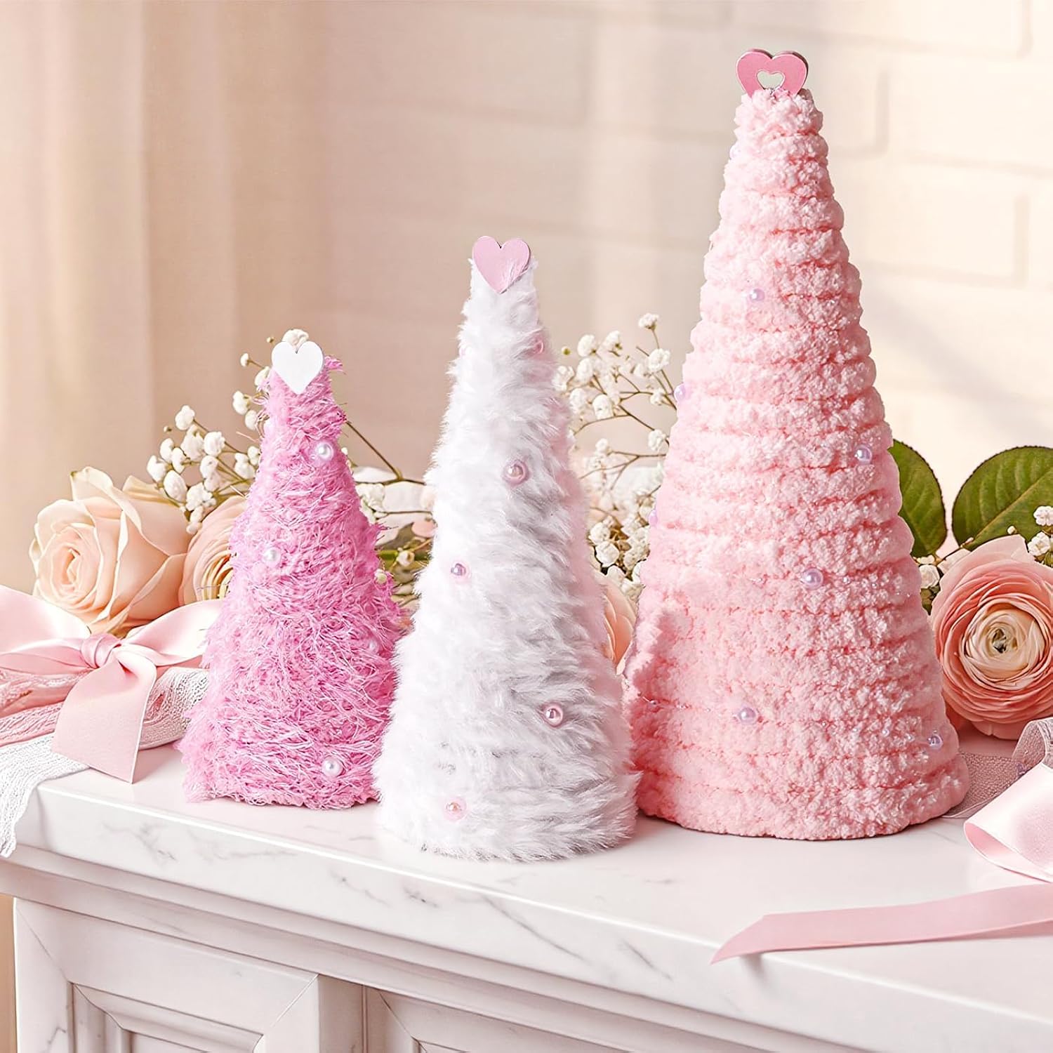 Valentines Day Table Decor Decorations: 3Pcs 10.5" 8" 6" Pink White Plush Fur Cone Valentine Trees With Pearls Heart Topper, Valentine Indoor Decor For The Home Tiered Tray Gift For Her