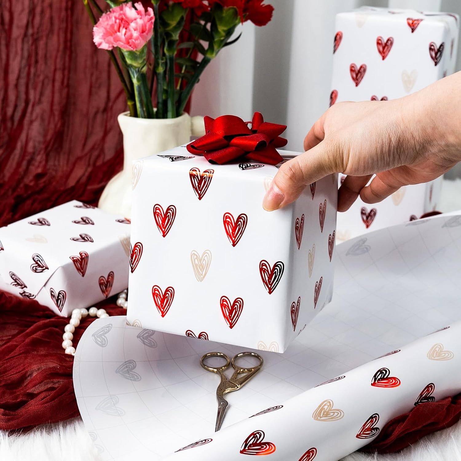 Wedding Wrapping Paper, Valentine'S Heart Wrapping Paper, Red Foil Heart Design Girl Birthday Gift Wrap Present Paper For Valentine’S Day, Anniversary, Bridal Shower (17 Inch X 33 Feet)