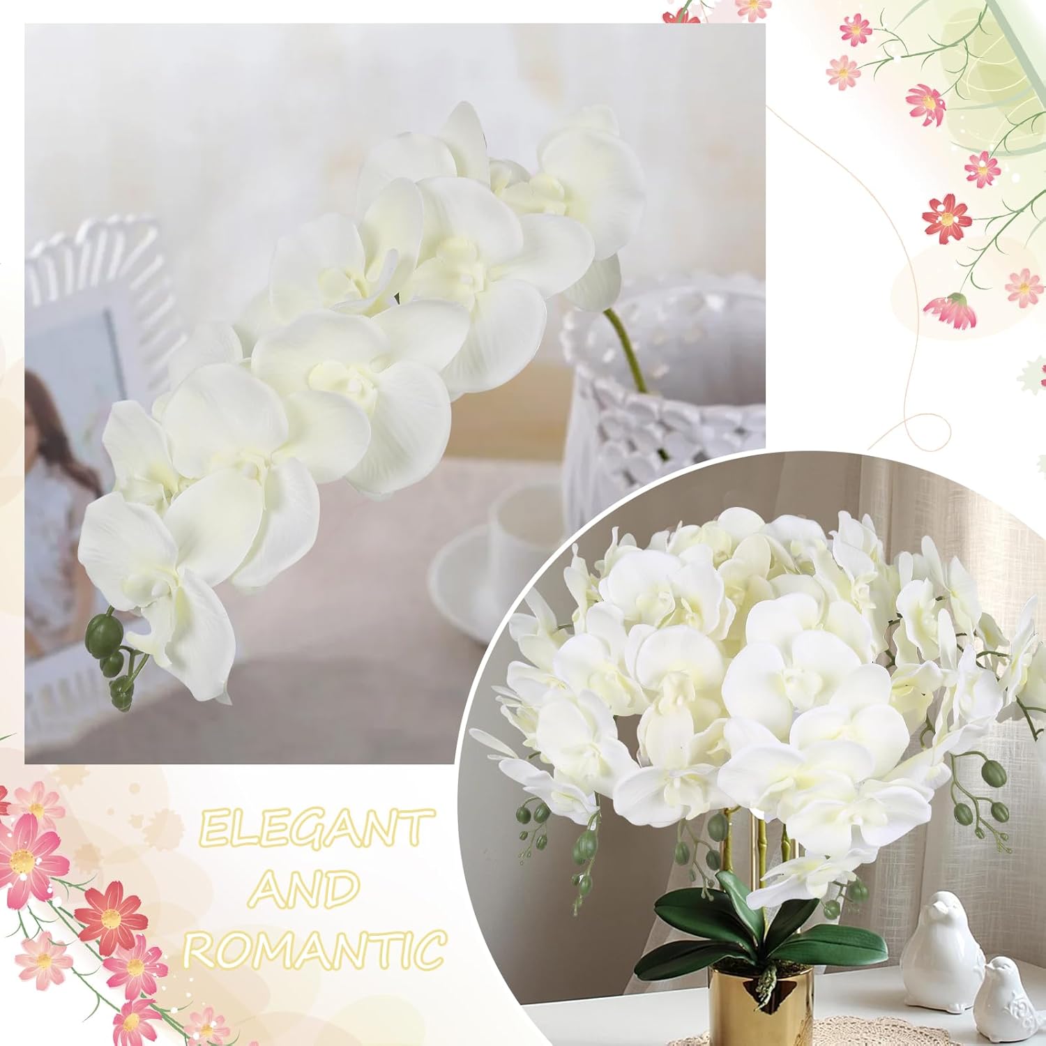6Pcs White Orchids Artificial Flowers With 9 Large Blooms 37.4" Long Stem Fake Silk Orchid Look Real Flowers For Tall Vase Faux Orchids For Wedding Home Party Dining Table Centerpiece Decoration