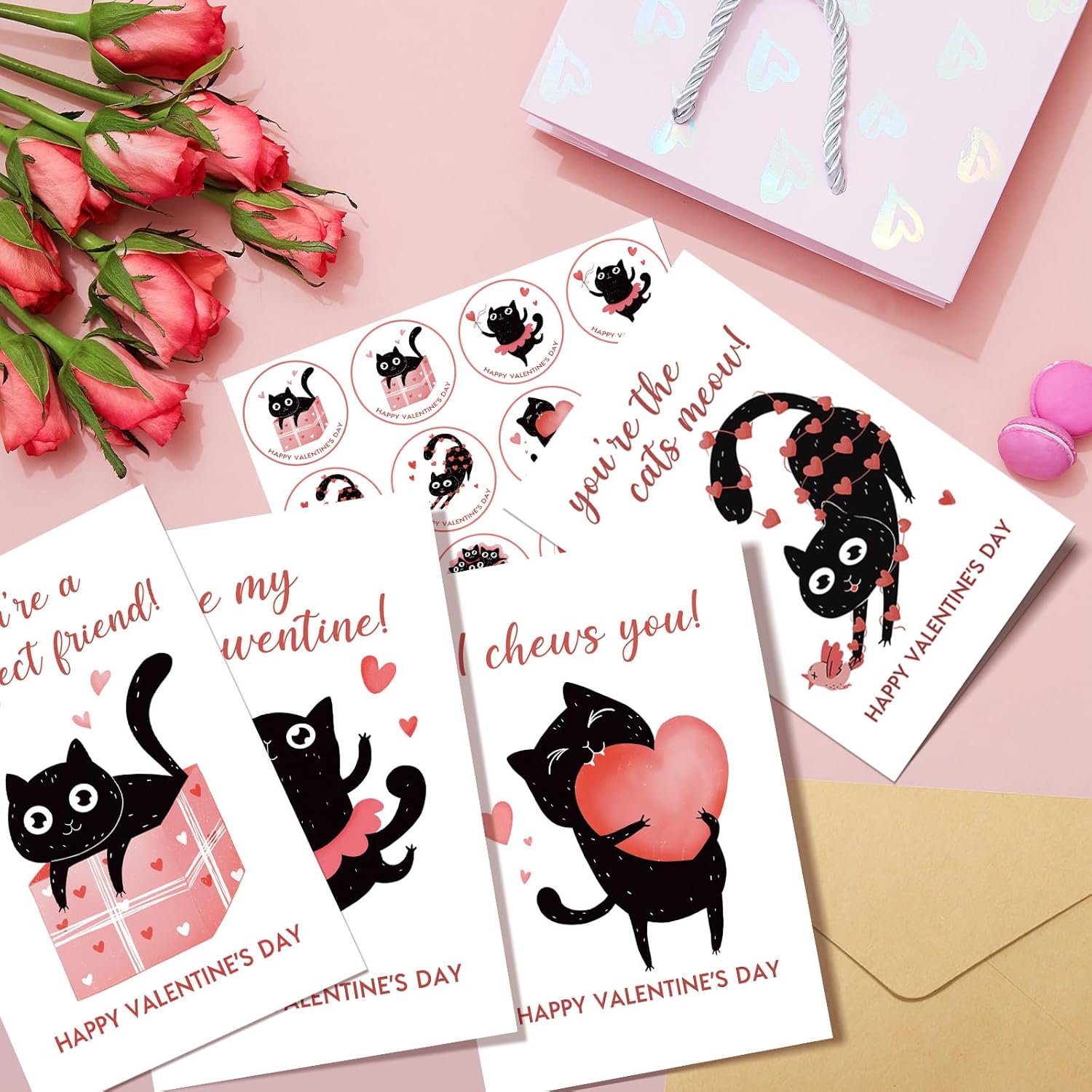 Cat Valentine'S Day Cards Bulk For Kids School, 24 Pack Funny Black Cat Valentines Day Cards With Envelopes & Stickers, 4 X 6 Inch Cute Valentines Day Notecards For Boys Girls Classroom Exchange Party