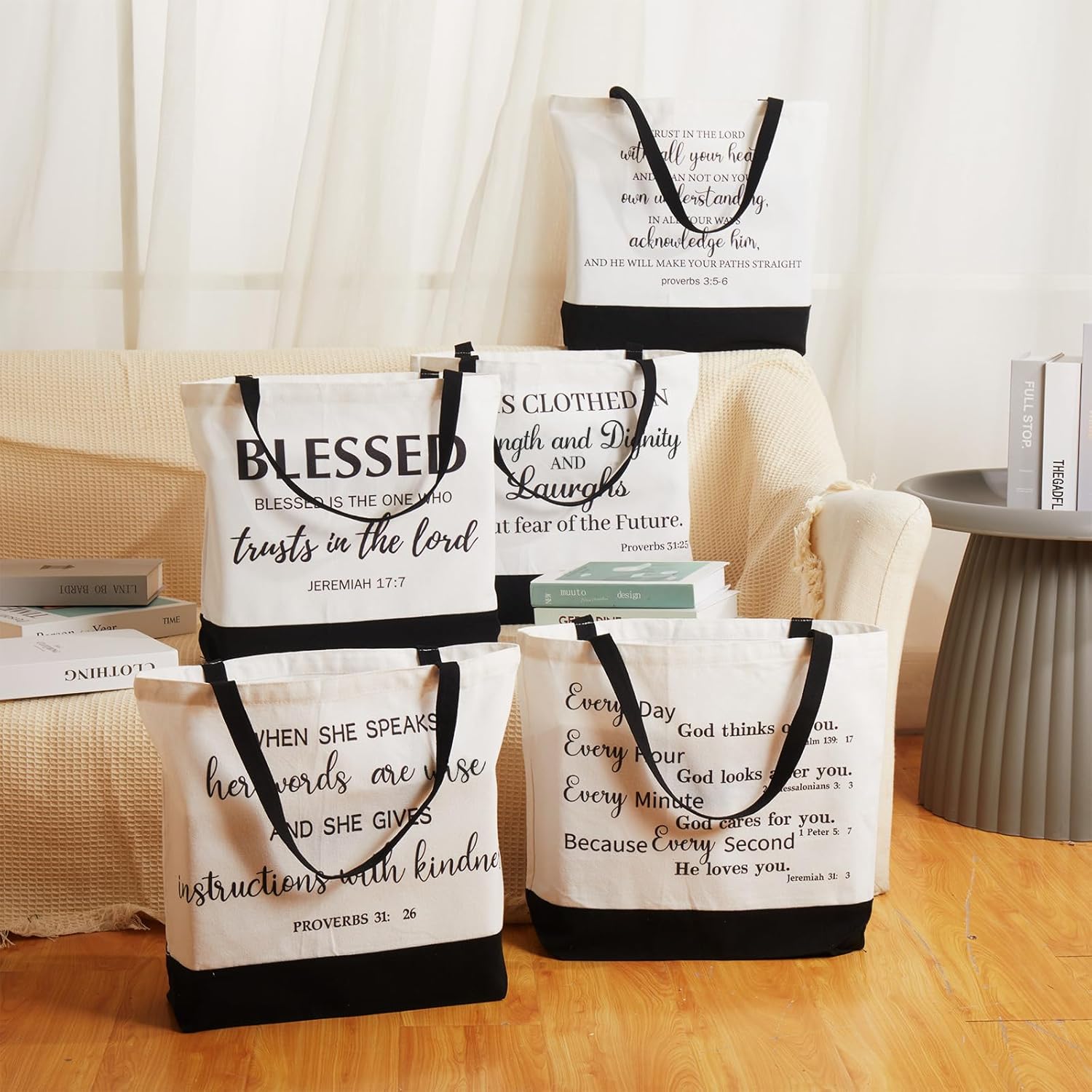 10 Pcs Christmas Christian Tote Bags Bulk Canvas Bible Tote Large Religious Gift Bags Inspirational Gifts For Xmas Women Mothers Church Teacher Birthday(White, Black)