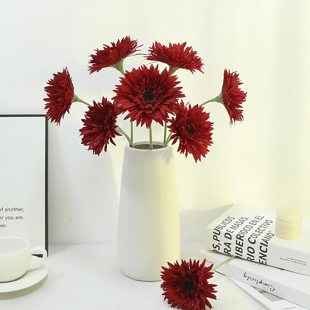 6Pcs Artificial Gerbera Daisy Flowers 17" Fake Daisies Faux Silk African Daisy For Vase Bouquets Home Office Wedding Decor.(Dark Red)