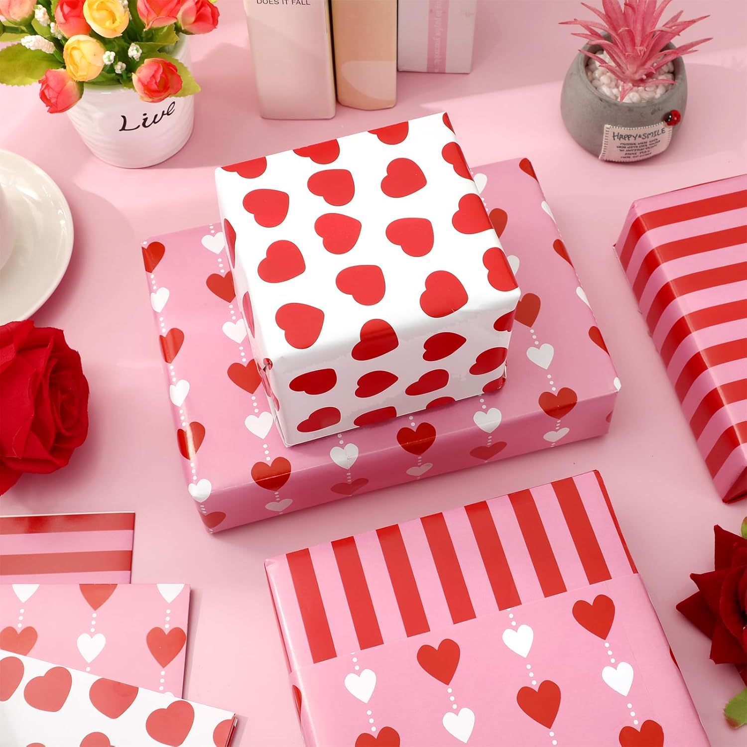 12 Sheets Valentine'S Day Wrapping Paper - Not Roll - Pink Red Heart Stripe Gift Wrap Paper Folded Flat For Diy Crafts Wedding Anniversary Party, 19.7 X 27.6 Inch