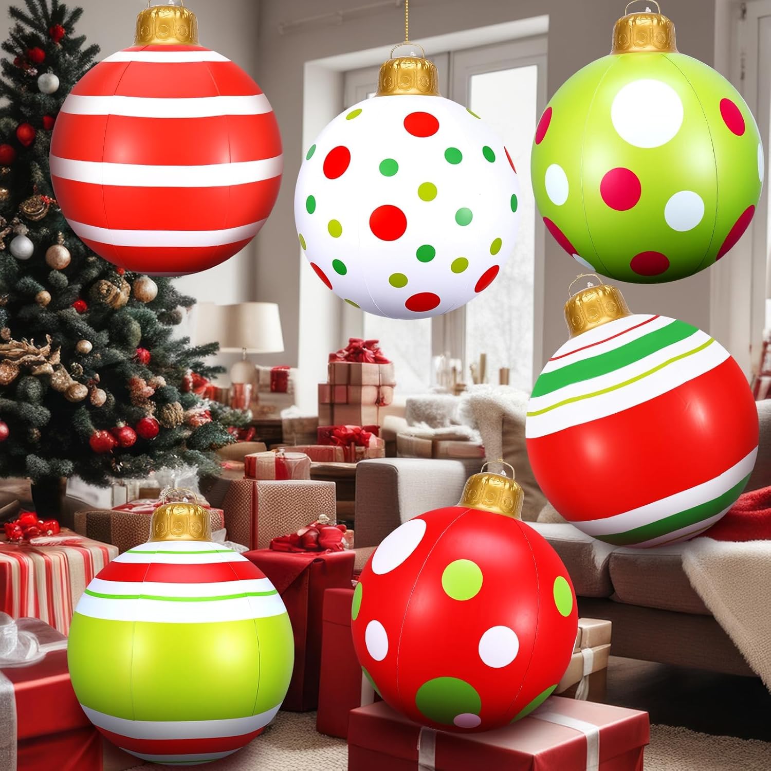 6 Pcs 24 Inch Inflatable Christmas Ball Ornaments - Large Pvc Oversized Christmas Tree Ornaments For Yard Lawn Holiday P