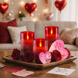 Red Glass Flameless Candles, Battery Operated Led Pillar Candles With Remote Control And Timer, Radiance Candles, Real Wax, Set Of 3,D3 Xh4 5" 6"