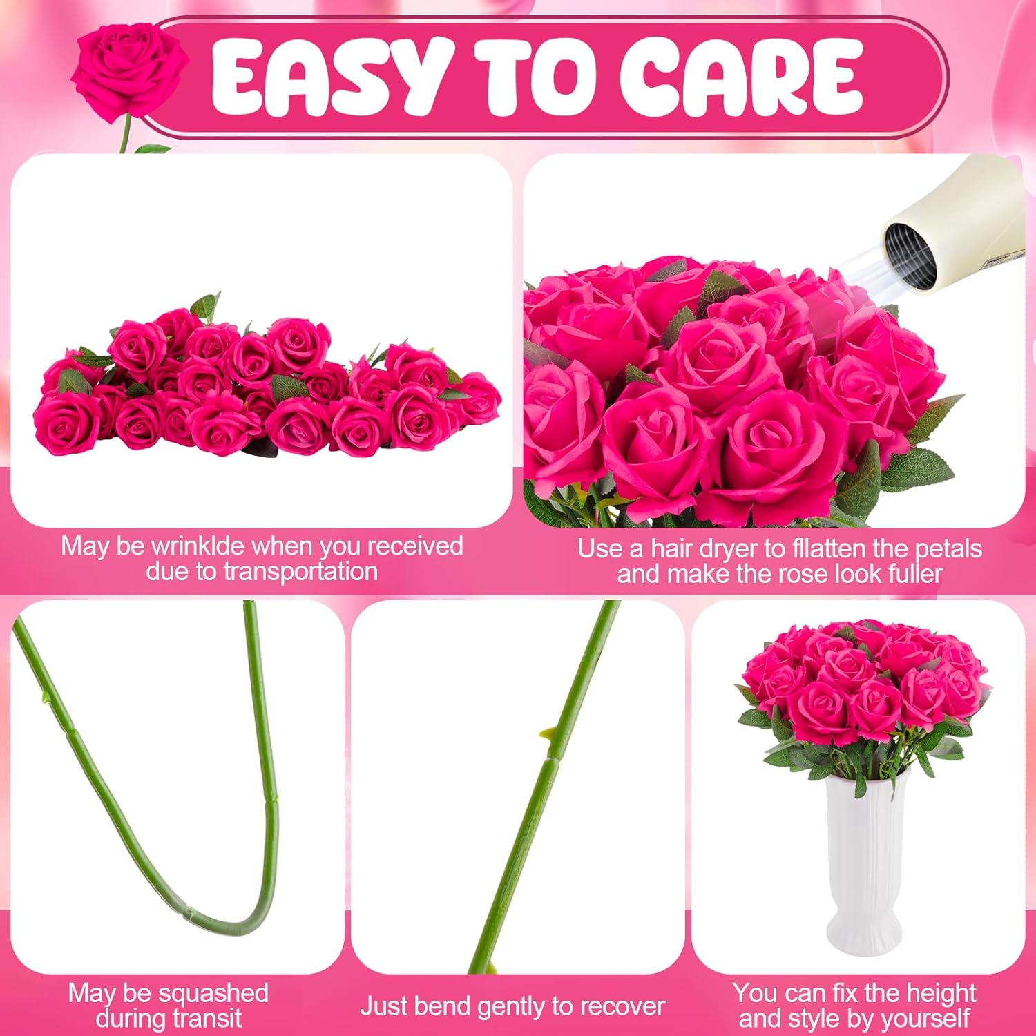 24 Pcs Hot Pink Rose Artificial Flowers With Long Stem Real Touch Silk Roses Bulk For Wedding, Party, Table Centerpieces Bright Pink Bouquet, Bridal, Home Decor