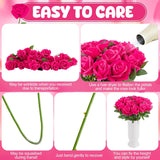 24 Pcs Hot Pink Rose Artificial Flowers With Long Stem Real Touch Silk Roses Bulk For Wedding, Party, Table Centerpieces Bright Pink Bouquet, Bridal, Home Decor